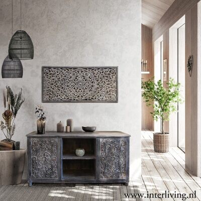 Dressoir grey washed mangohout met lotus houtsnijwerk 150 x 76 x 47 cm - landelijk sober sjiek styling interieur