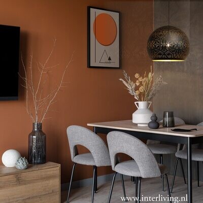 Hanglamp bol filigrain-stijl XL metaal mat zwart finish met binnenkant goudkleurig +grote zwarte bijpassende waxinehouder