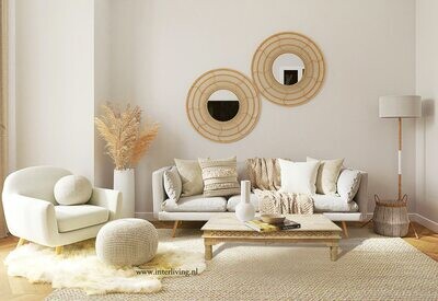 salontafel - boho & Ibiza chic styling - naturel gebleekt mango hout met prachtig lotus houtsnijwerk - rechthoek model van 120 x 60 cm