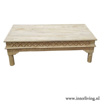 salontafel - boho & Ibiza chic styling - naturel gebleekt mango hout met prachtig lotus houtsnijwerk - rechthoek model van 120 x 60 cm salontafel - boho & Ibiza chic styling - naturel gebleekt mango hout met prachtig lotus houtsnijwerk - rechthoek model van 120 x 60 cm