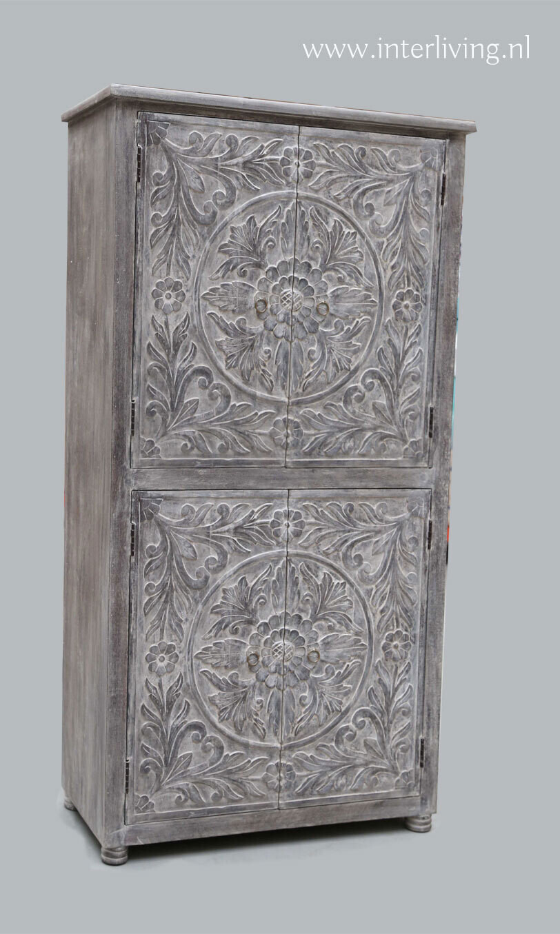 Hoge kast van mangohout -  grey washed -  lotus houtsnijwerk  - 180 cm hoog