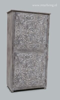 Hoge kast van mangohout -  grey washed -  lotus houtsnijwerk  - 180 cm hoog