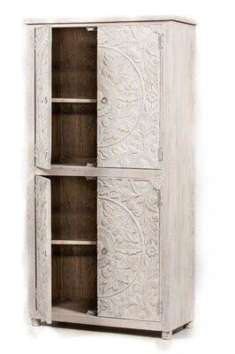 oosterse buffet kast hoog model - white washed met lotus houtsnijwerk &amp; 4 deuren