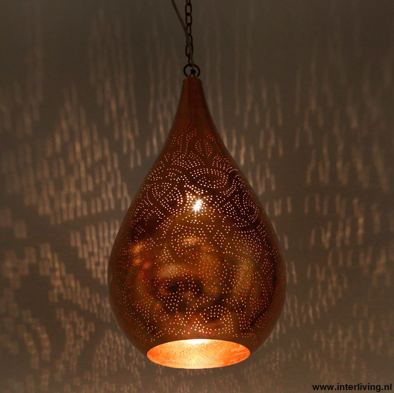 Hanglamp druppel model filigrain-stijl zowel buiten- als binnenkant vintage koperlook + gratis bijpassende set wxinehouders!