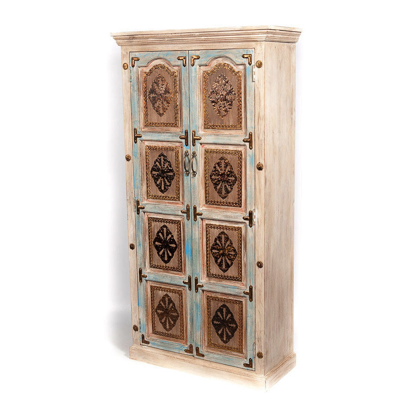 Massief hoge houten kast white & blue washed 180*90*40 cm met koper accenten