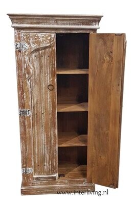 Marokkaanse stijl massief (mango) houten kast - met oosterse bogen en houtsnijwerk - ibiza white washed - laag model -150*70*40 cm uit India