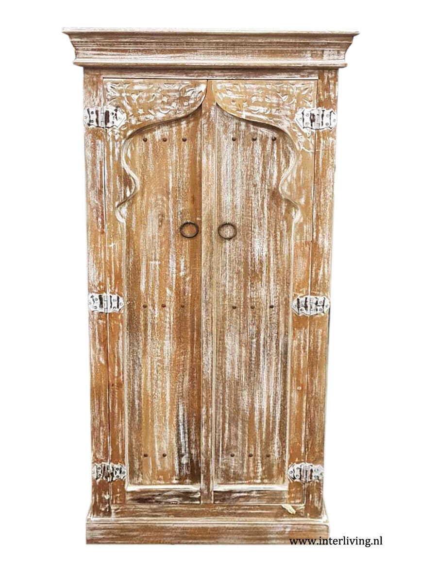 Marokkaanse stijl massief (mango) houten kast - met oosterse bogen en houtsnijwerk - ibiza white washed - laag model -150*70*40 cm uit India