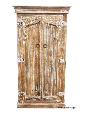Marokkaanse stijl massief (mango) houten kast - met oosterse bogen en houtsnijwerk - ibiza white washed - laag model -150*70*40 cm uit India Marokkaanse stijl massief (mango) houten kast - met oosterse bogen en houtsnijwerk - ibiza white washed - laag model -150*70*40 cm uit India