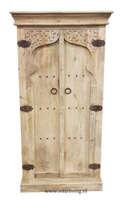 Marokkaanse stijl massief (mango) houten kast - met oosterse bogen en houtsnijwerk - naturel - laag model -150*70*40 cm uit India