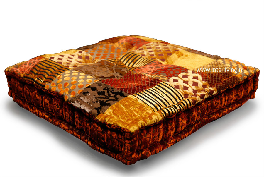 vloerkussen okergoud velvet patchwork / prints van fluweel