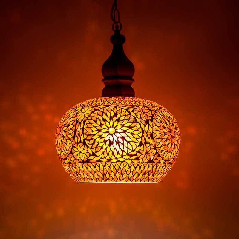 Open hanglamp rood oranje glasmozaïek met massief hout