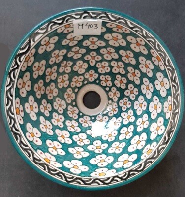 Marokkaanse waskom met bloemen patroon - M403 -  aardewerk (opbouw) wasbak uit Fez - Ø 35 cm met gekleurde patronen