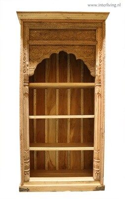 Kast van naturel mangohout - oosterse bogen en houtsnijwerk - hoge boeken of servies opberger met drie planken van massief mangohout 180*90*40 cm uit India Kast van naturel mangohout - oosterse bogen en houtsnijwerk - hoge boeken of servies opberger met drie planken van massief mangohout 180*90*40 cm uit India