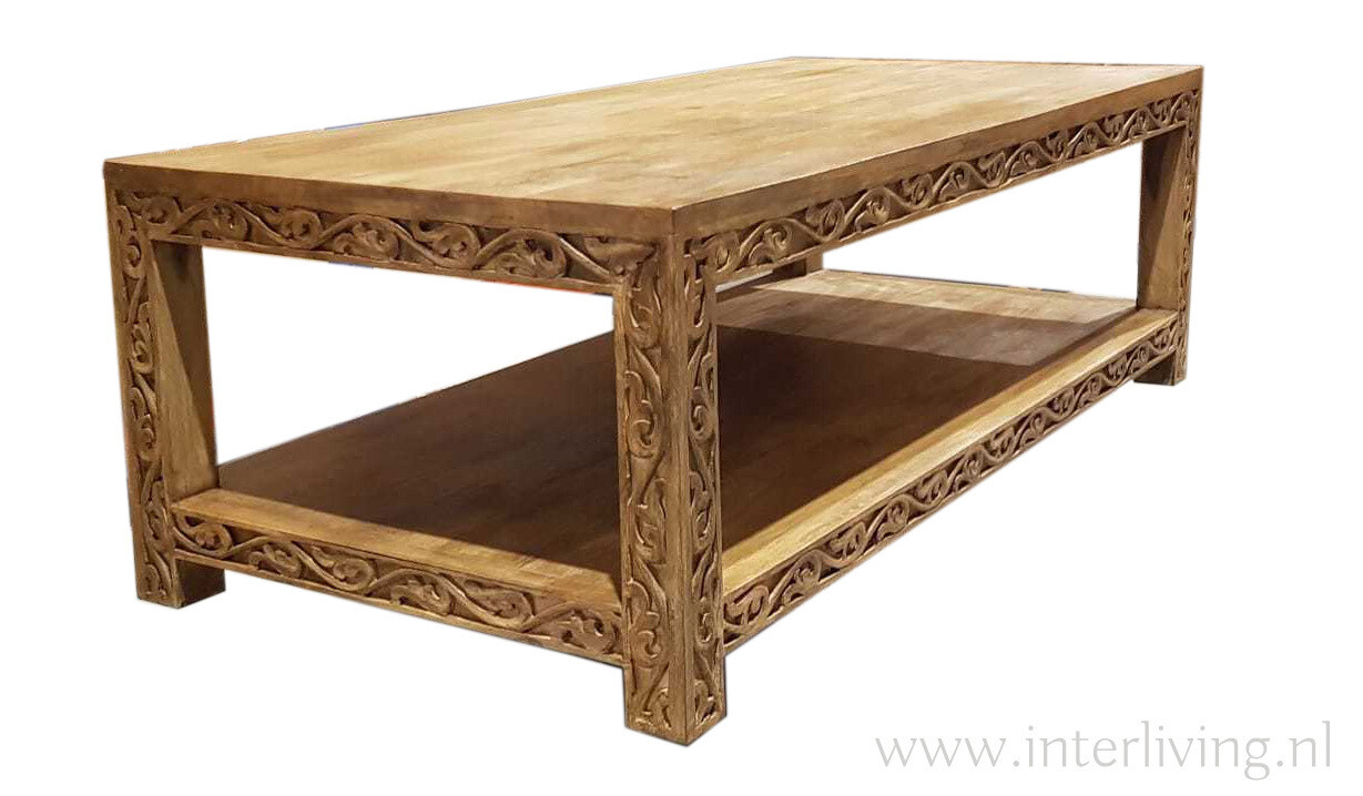 salon tafel mangohout met houtsnijwerk - 120x60 cm  - naturel