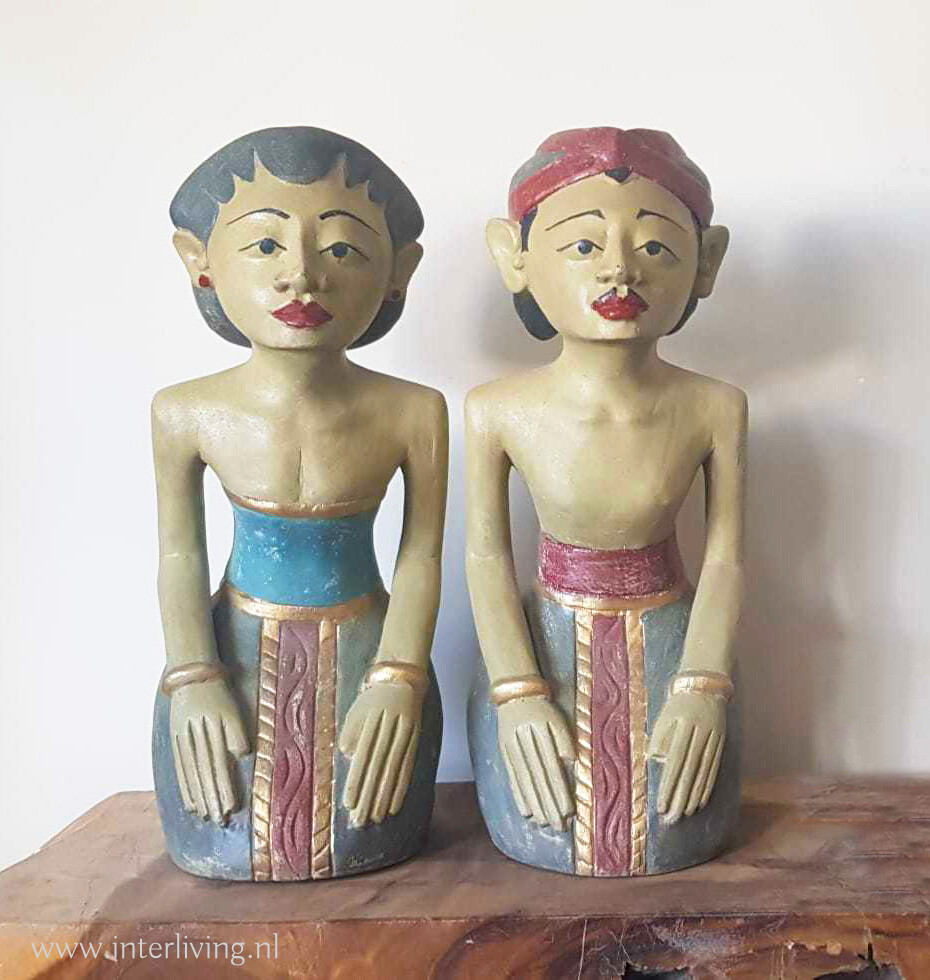 Loro Blonyo: houtsnijwerk van man en vrouw (cadeau-set) - onafscheidelijk stel of bruiloftspaar - 51 cm hoog