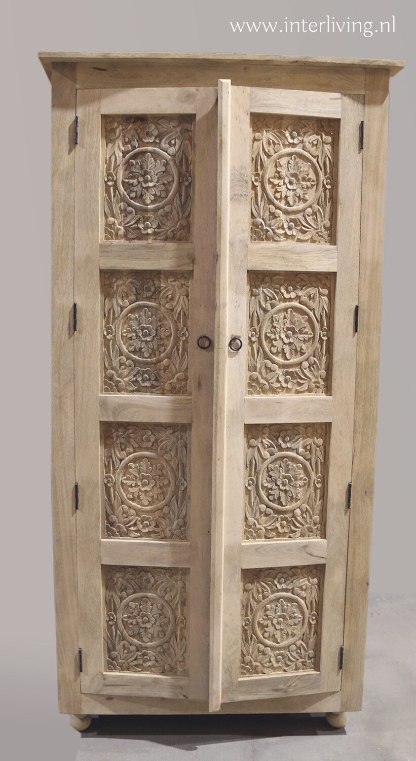 Ibiza kast van hout met lotus houtsnijwerk uit India  - 180 cm hoog -  8 panelen met houtsnijwerk - naturel met 2 deuren