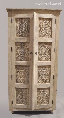Ibiza kast van hout met lotus houtsnijwerk uit India  - 180 cm hoog -  8 panelen met houtsnijwerk - naturel met 2 deuren