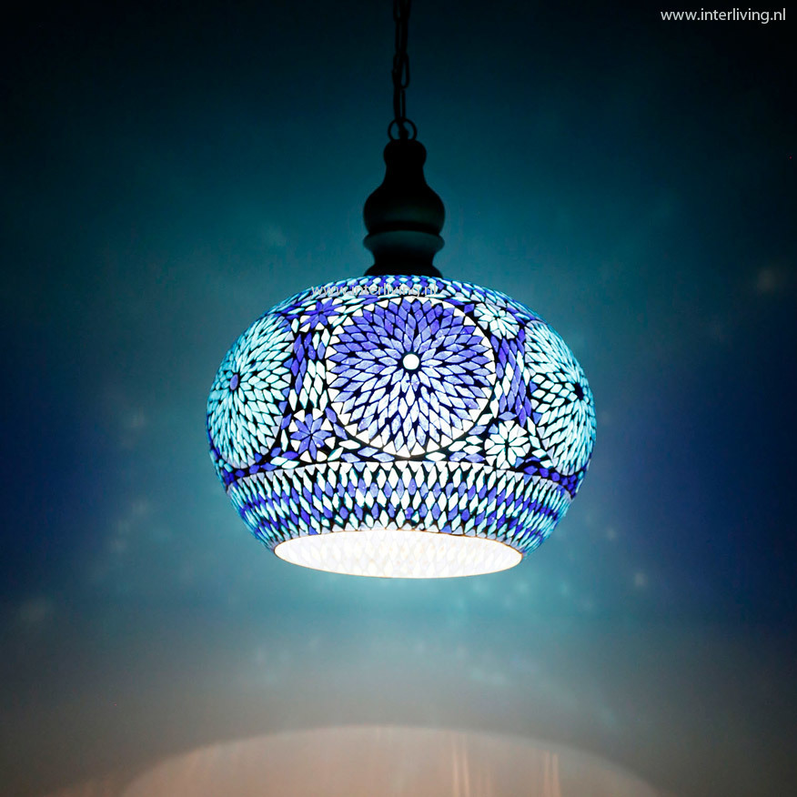 Open hanglamp blauw glasmozaïek met massief hout -  Ø 36