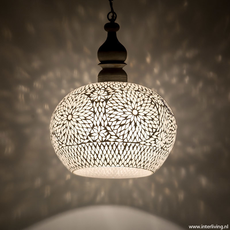 Open Hanglamp Boho style - transparant glasmozaïek met massief hout - Ø 36 cm