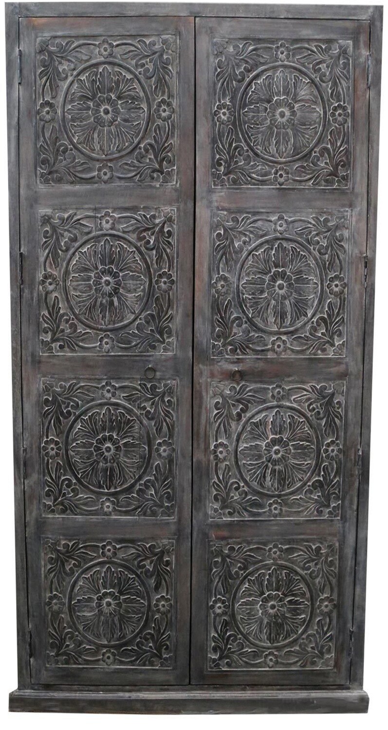 hoge garderobekast - mangohout - antique (grey) washed - met houtsnijwerk