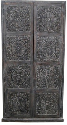 hoge garderobekast - mangohout - antique (grey) washed - met houtsnijwerk