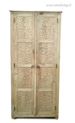 Ibiza kast van hout met lotus houtsnijwerk uit India  - 180 cm hoog -  8 panelen met houtsnijwerk - naturel met 2 deuren