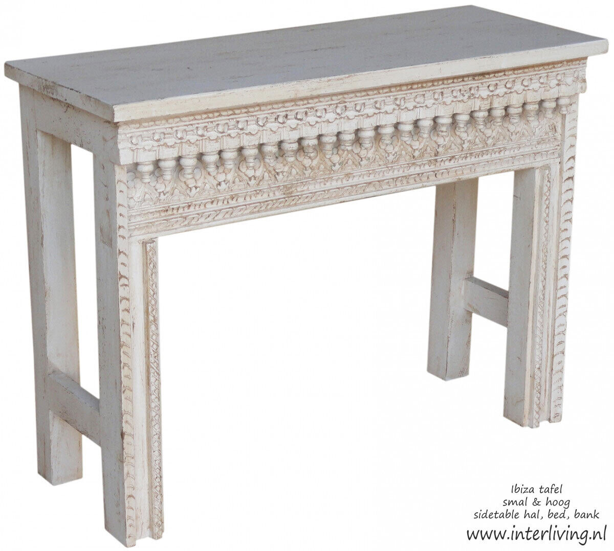 sidetable  "Ibiza" van white washed mangohout (100 cm breed)  met sierlijk houtsnijwerk uit India / haltafel / bohemian stijl