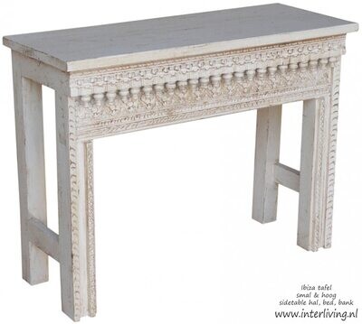 sidetable  &quot;Ibiza&quot; van white washed mangohout (100 cm breed)  met sierlijk houtsnijwerk uit India / haltafel / bohemian stijl