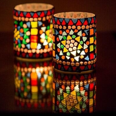 Twee stuks waxinehouder glasmozaïek multi colour