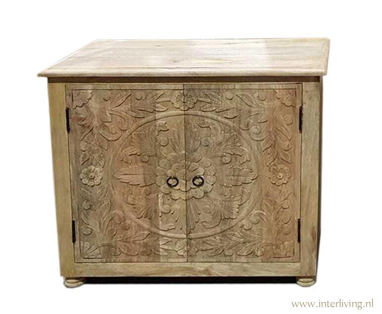Dressoir unfinished mangohout met lotus houtsnijwerk 76 x 76 x 40 cm