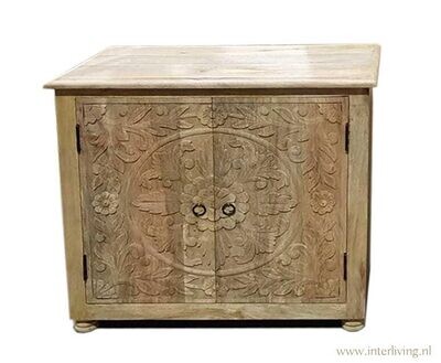 Dressoir unfinished mangohout met lotus houtsnijwerk 76 x 76 x 40 cm