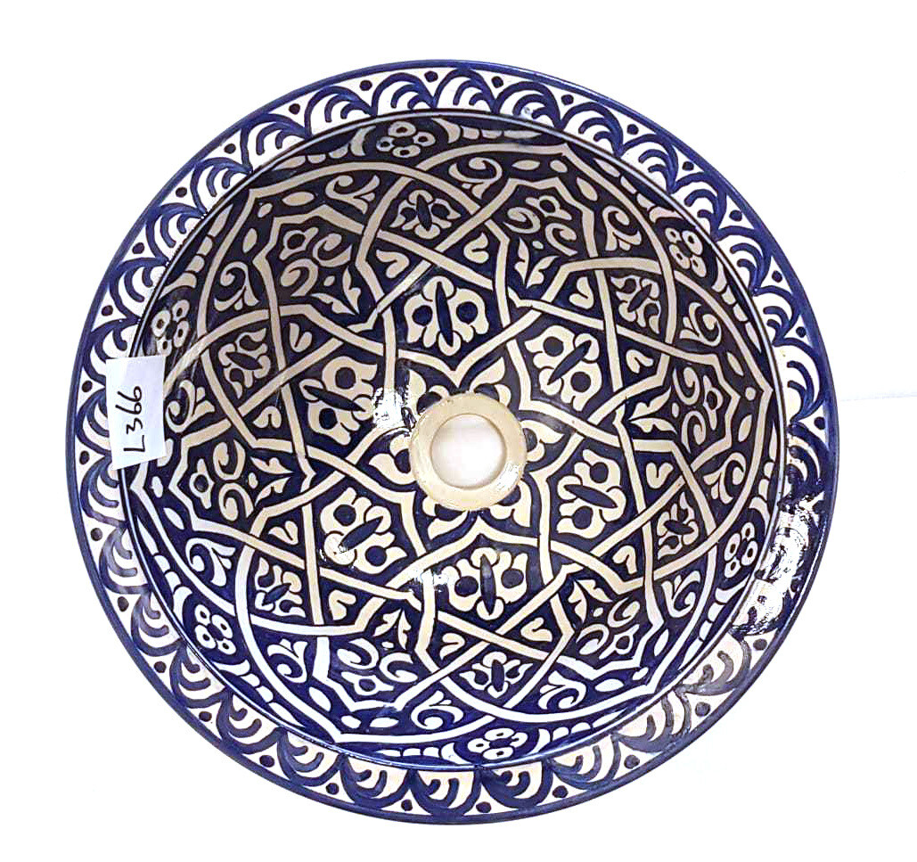 Marokkaanse waskom - donkerblauw -  (nr L366) - aardewerk (opbouw) wasbak uit Fez - Ø 40 cm