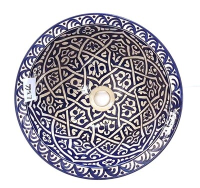 Marokkaanse waskom - donkerblauw -  (nr L366) - aardewerk (opbouw) wasbak uit Fez - Ø 40 cm