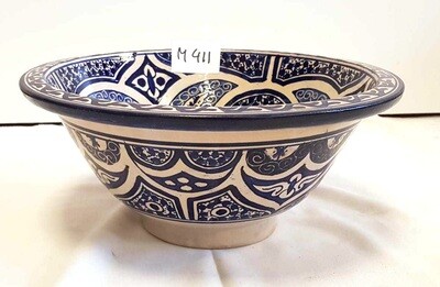 Marokkaanse waskom "Fonteinkom Fez" met blauw tint patronen op wit "M411" - medium model rond - aardewerk (opbouw) wasbak Ø 35 cm