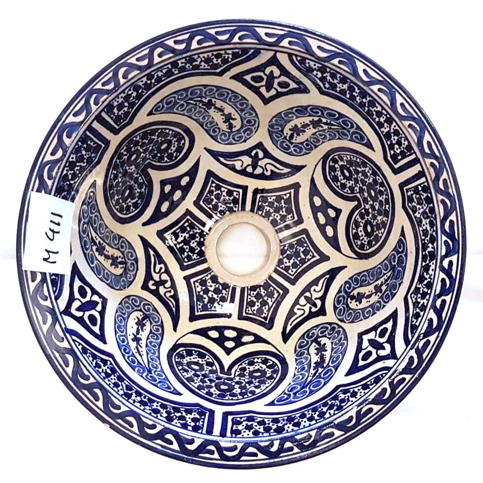 Marokkaanse waskom "Fonteinkom Fez" met blauw tint patronen op wit "M411" - medium model rond - aardewerk (opbouw) wasbak Ø 35 cm