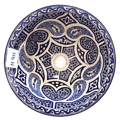 Marokkaanse waskom "Fonteinkom Fez" met blauw tint patronen op wit "M411" - medium model rond - aardewerk (opbouw) wasbak Ø 35 cm