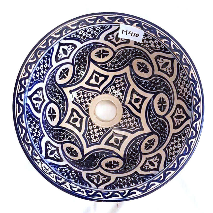 Marokkaanse waskom "Fonteinkom Fez" met blauw tint patronen op wit "M410" - medium model rond - aardewerk (opbouw) wasbak Ø 35 cm