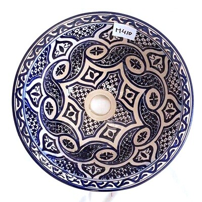 Marokkaanse waskom "Fonteinkom Fez" met blauw tint patronen op wit "M410" - medium model rond - aardewerk (opbouw) wasbak Ø 35 cm