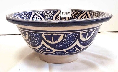 Marokkaanse waskom "Fonteinkom Fez" met blauw tint patronen op wit "M410" - medium model rond - aardewerk (opbouw) wasbak Ø 35 cm
