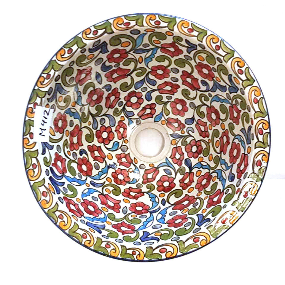 Marokkaanse waskom "Fonteinkom Fez" bloemen motief "M412" - medium model rond - aardewerk (opbouw) wasbak Ø 35 cm