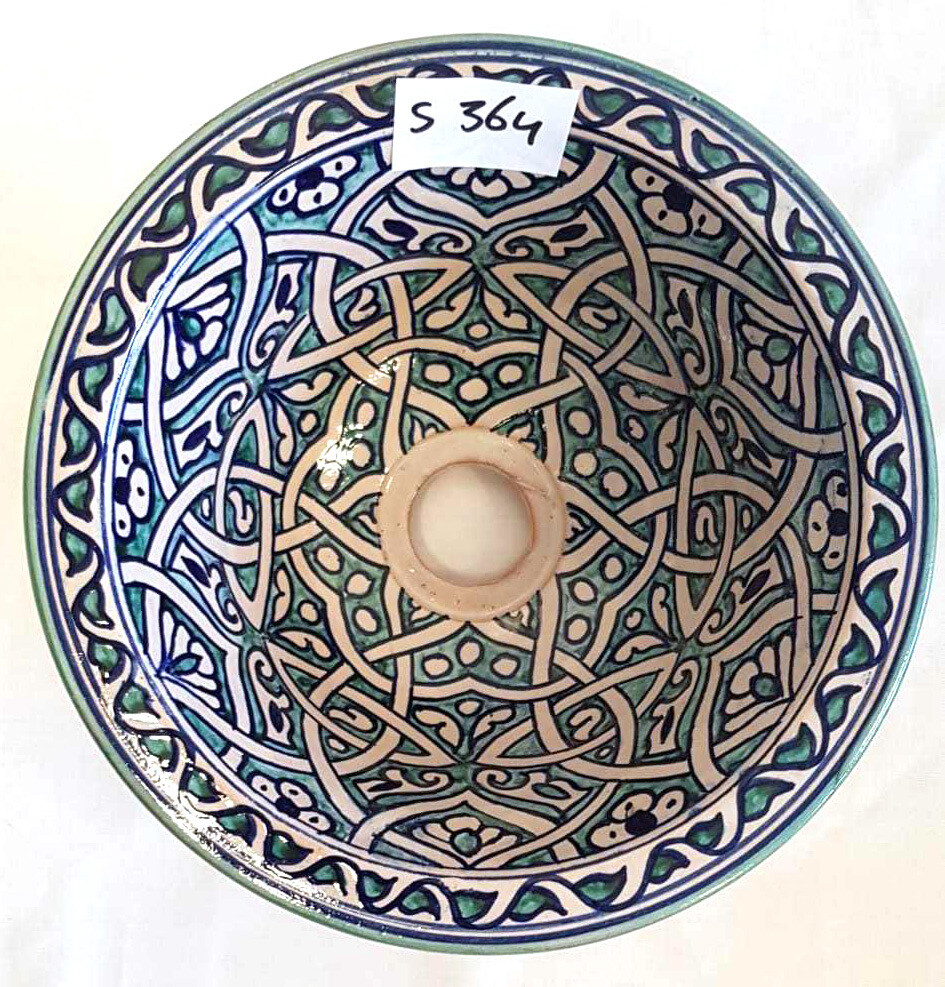 Marokkaanse waskom "S364"- aqua/blauw - aardewerk (opbouw) wasbak uit Fez - Ø 25 cm