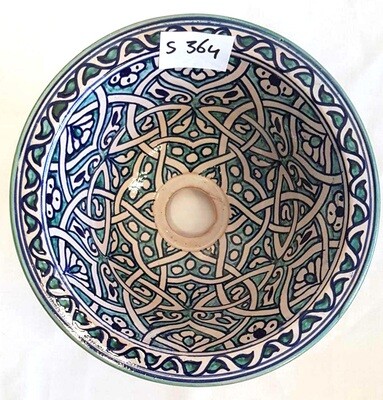 Marokkaanse waskom &quot;S364&quot;- aqua/blauw - aardewerk (opbouw) wasbak uit Fez - Ø 25 cm