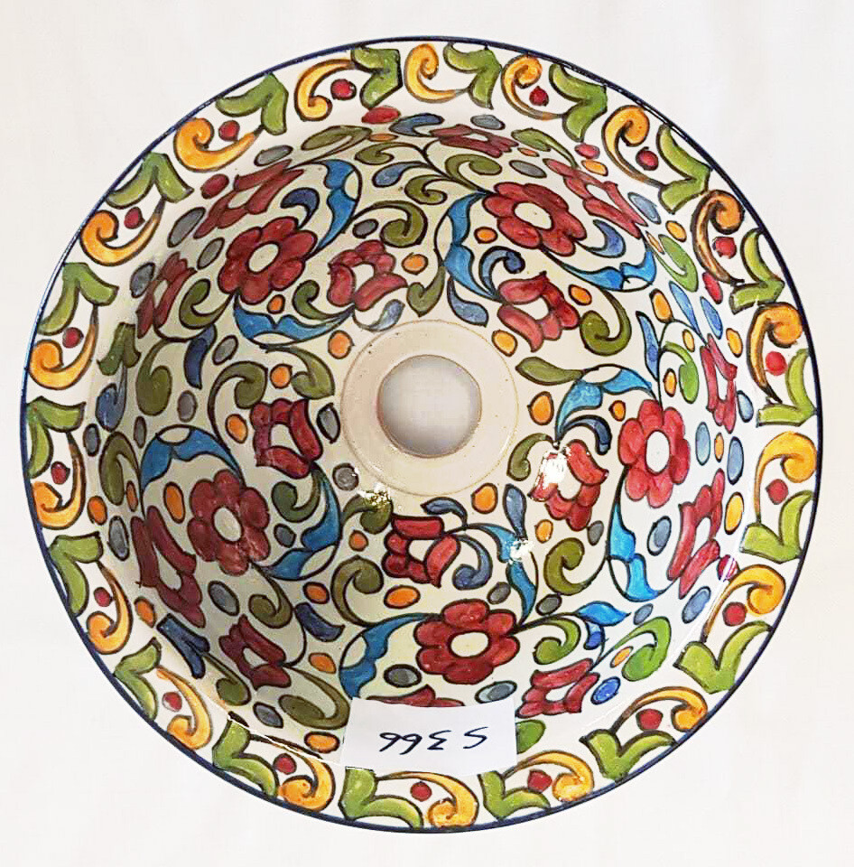 Marokkaanse waskom "S366"- bloemen patroon - aardewerk (opbouw) wasbak uit Fez - Ø 25 cm