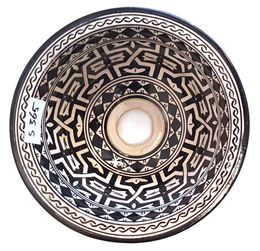 Marokkaanse waskom "S365"- zwart/wit - aardewerk (opbouw) wasbak uit Fez - Ø 25 cm