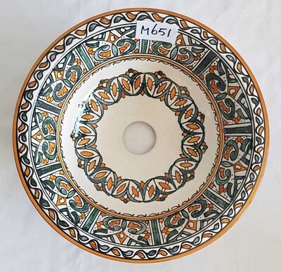 Marokkaanse waskom met groene en oranje tinten - aardewerk (opbouw) wasbak uit Fez - Ø 35 cm