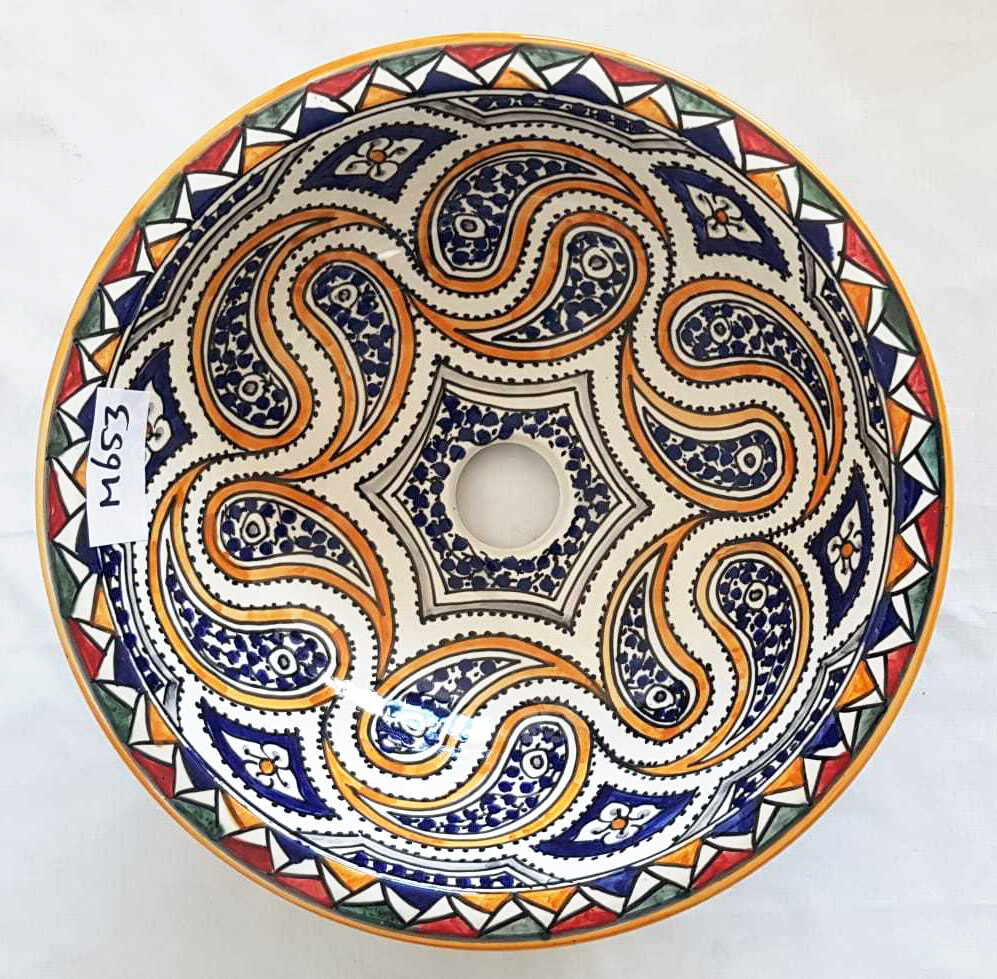 Marokkaanse waskom - M653 (oranje rand) - aardewerk (opbouw) wasbak uit Fez - Ø 35 cm