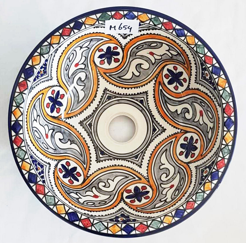 Marokkaanse waskom - M654 (blauwe rand) - aardewerk (opbouw) wasbak uit Fez - Ø 35 cm
