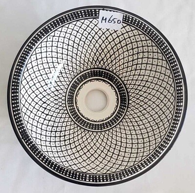Marokkaanse waskom rond - fijn geometrisch patroon - zwart wit  "M650" - aardewerk (opbouw) wasbak medium Ø 35 cm