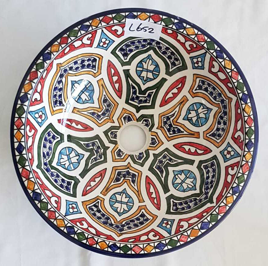 Marokkaanse waskom met gekleurde patronen - blauwe rand -  (nr L652) - aardewerk (opbouw) wasbak uit Fez - Ø 40 cm
