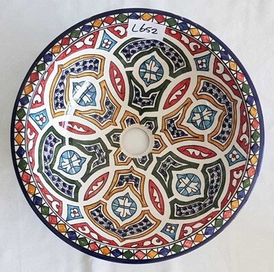 Marokkaanse waskom met gekleurde patronen - blauwe rand -  (nr L652) - aardewerk (opbouw) wasbak uit Fez - Ø 40 cm